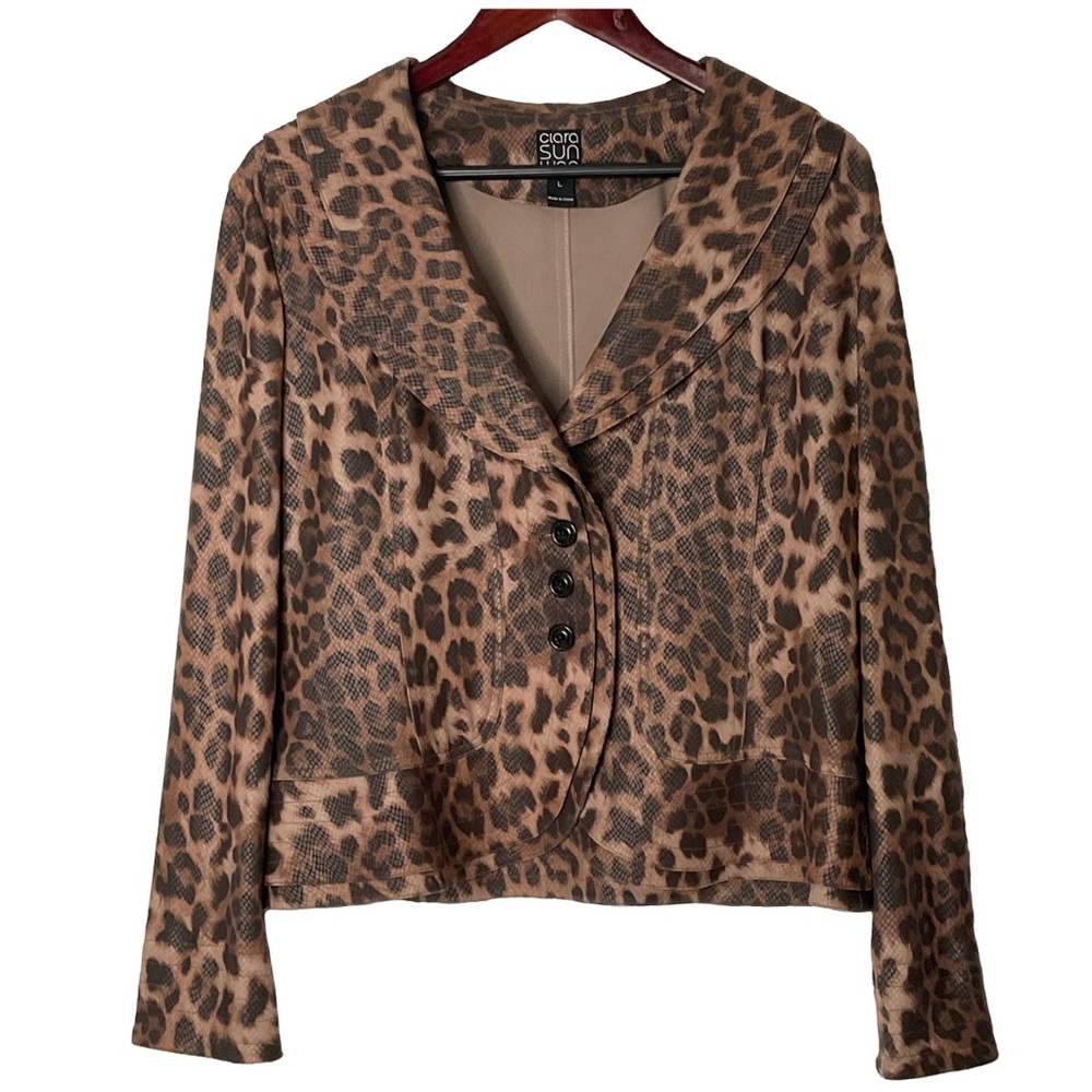 Clara Sun Woo Brown Leopard Print Long Sleeve Button Up V-Neck Jacket Size Large
